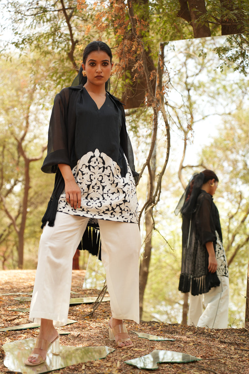 Parinde Black Embroidered Kurta With White Pants