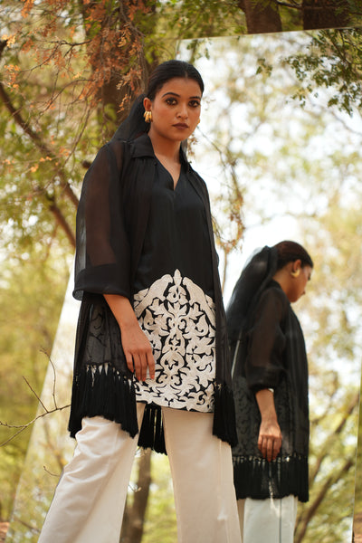 Parinde Black Embroidered Kurta With White Pants