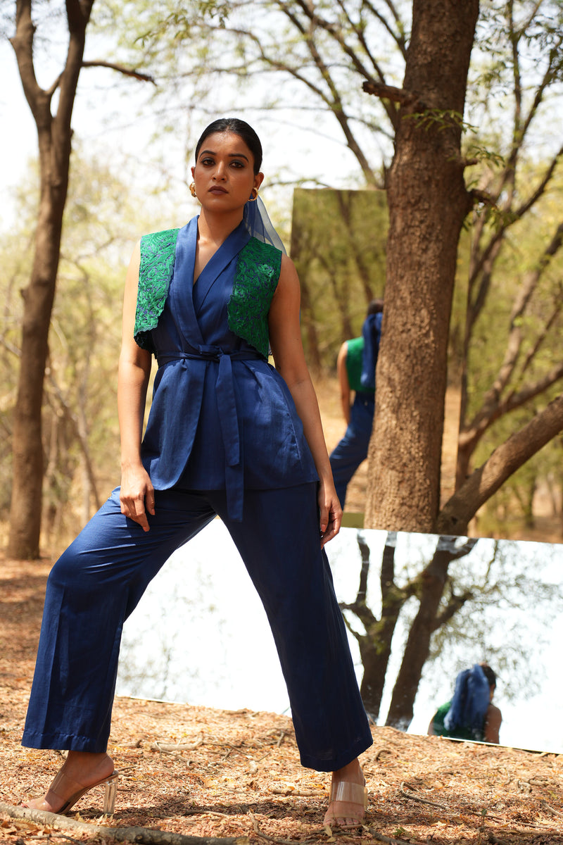 Parinde Blue Embroidered Pant Suit