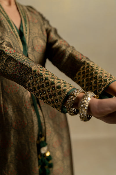 Khas Bagh Mehndi Brocade Jacket And Pants With Embroidered Boostier