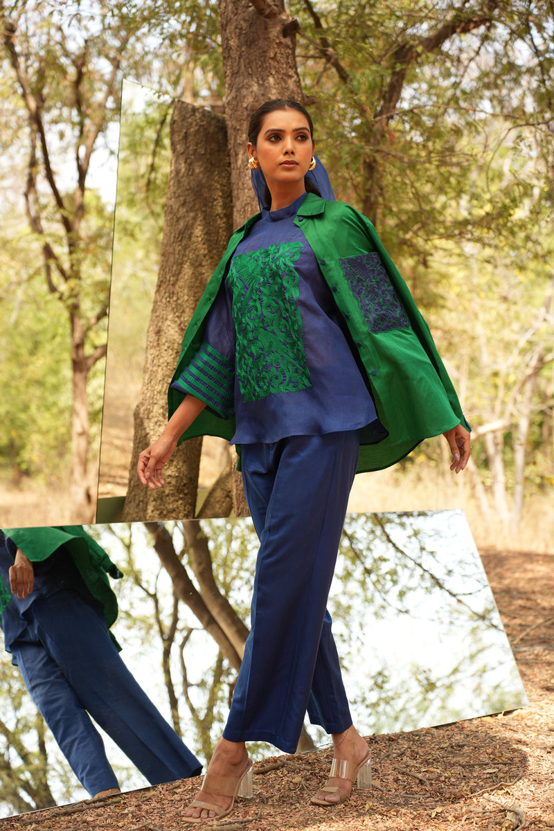 Parinde Blue Embroidered Top With Pants