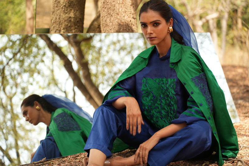 Parinde Blue Embroidered Top With Pants