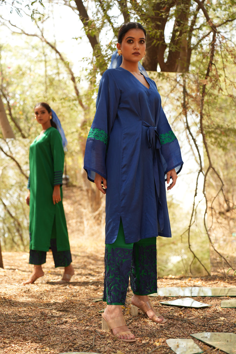 Parinde Blue Embroidered Tie Up Kurta With Pants