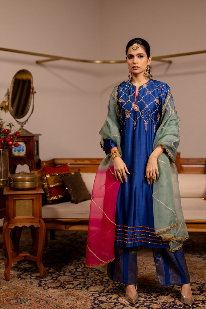 "MESH" - Blue Kurta Set With Dupatta