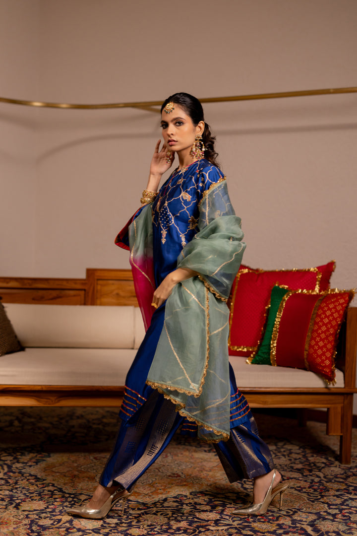 "MESH" - Blue Kurta Set With Dupatta