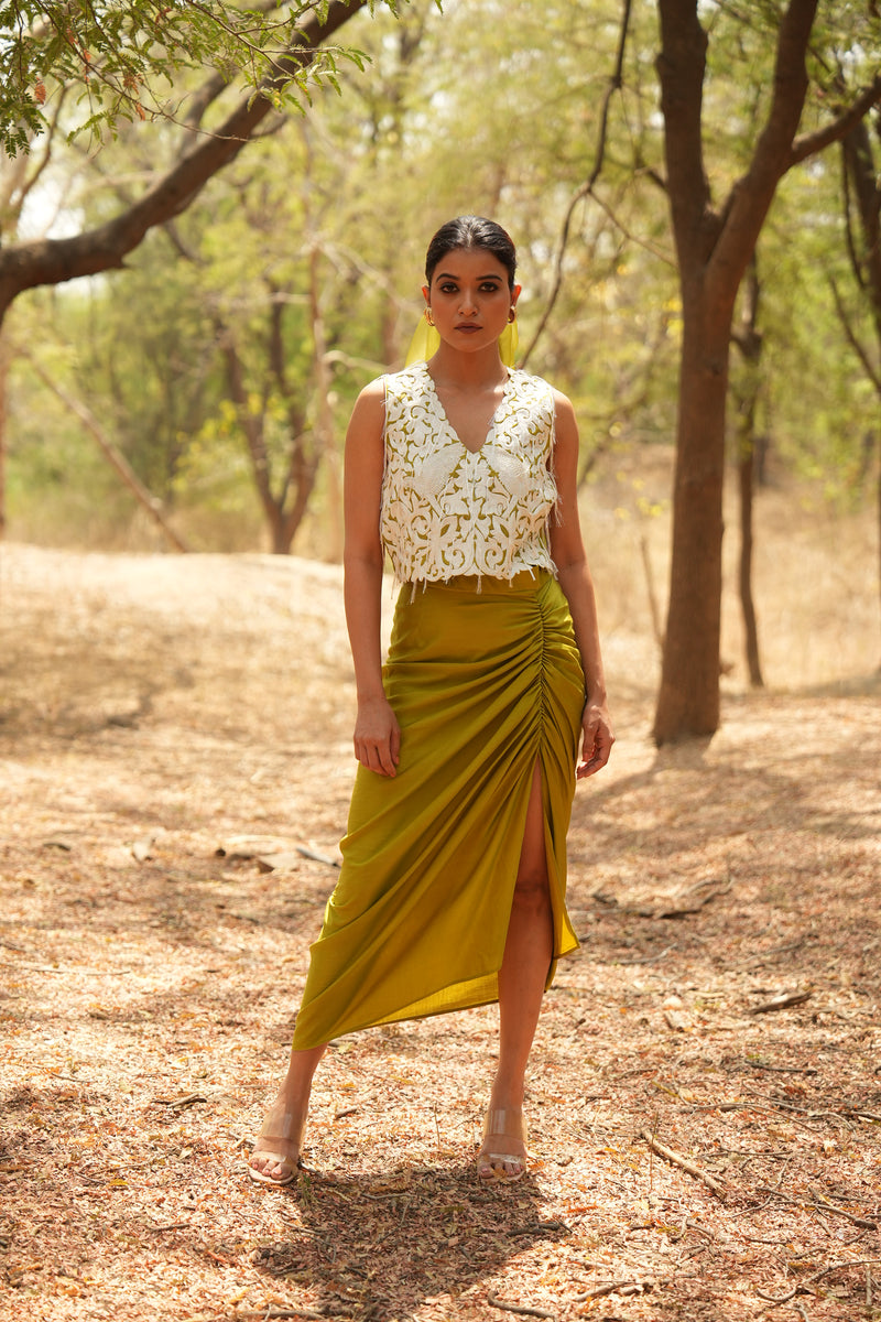 Parinde Lime Embroidered Sleeveless Jacket With Lime Skirt