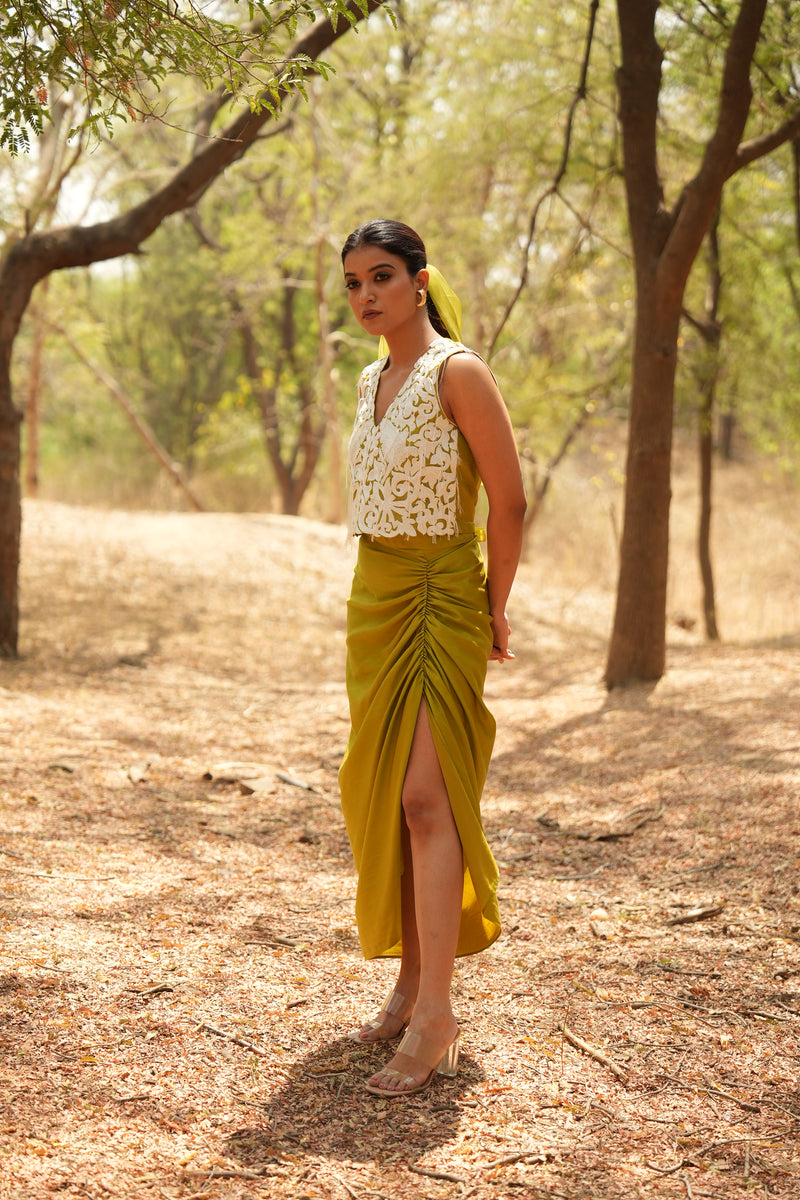 Parinde Lime Embroidered Sleeveless Jacket With Lime Skirt