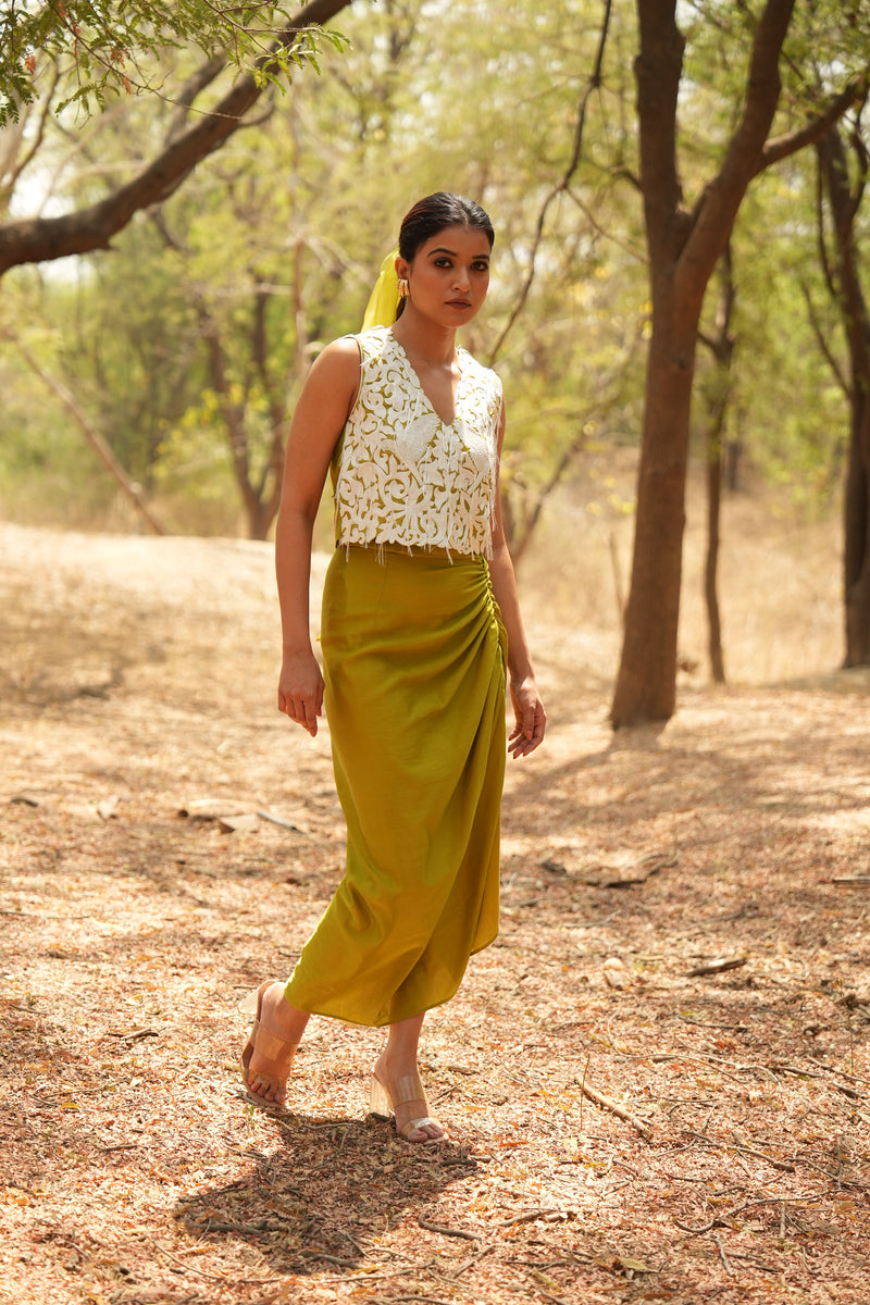 Parinde Lime Embroidered Sleeveless Jacket With Lime Skirt