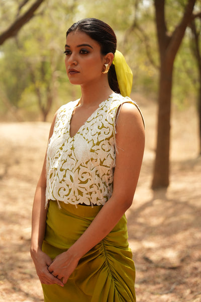 Parinde Lime Embroidered Sleeveless Jacket With Lime Skirt