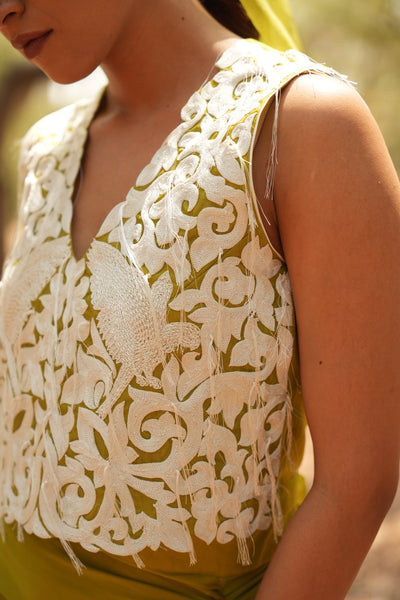 Parinde Lime Embroidered Sleeveless Jacket With Lime Skirt