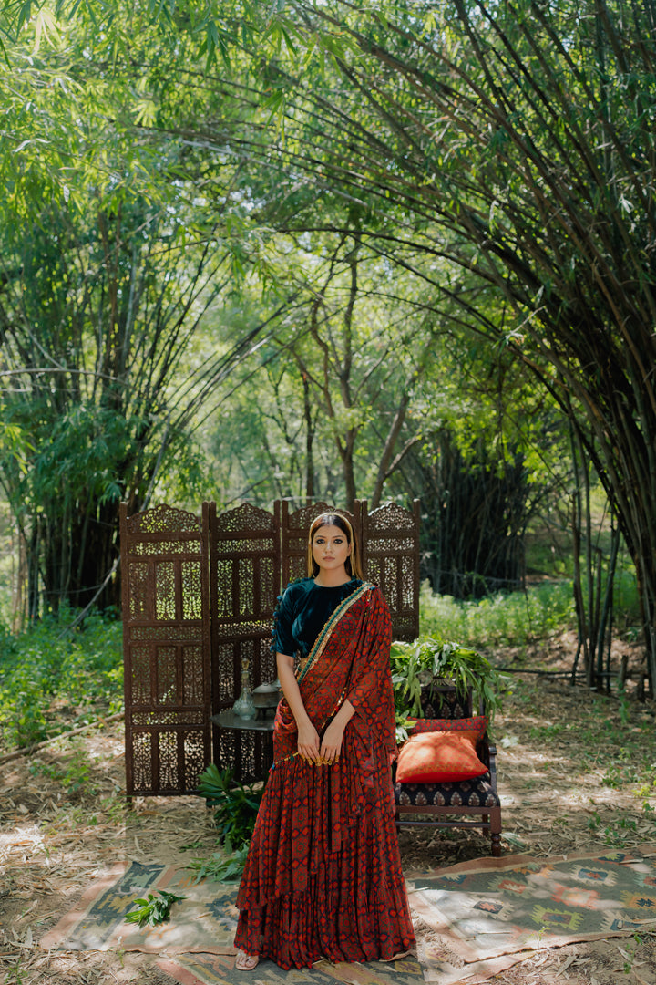 Meraki Print Ruffle Saree With Velvet Blouse