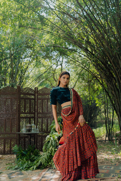 Meraki Print Ruffle Saree With Velvet Blouse