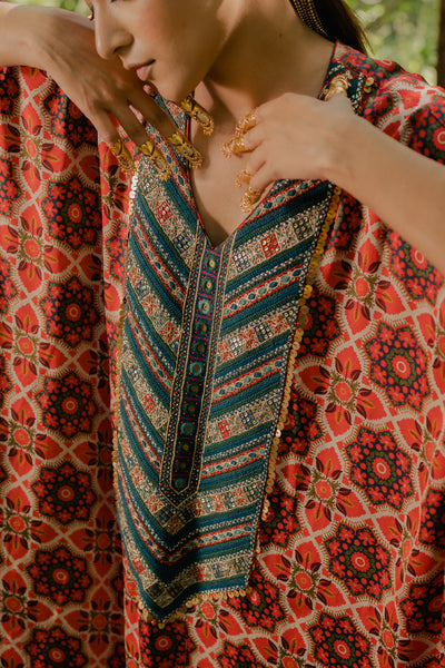 Meraki Print Kaftan Kurta With Teal Pants