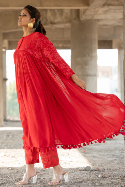 Artistic Abstractopn Red Anarkali With Pants