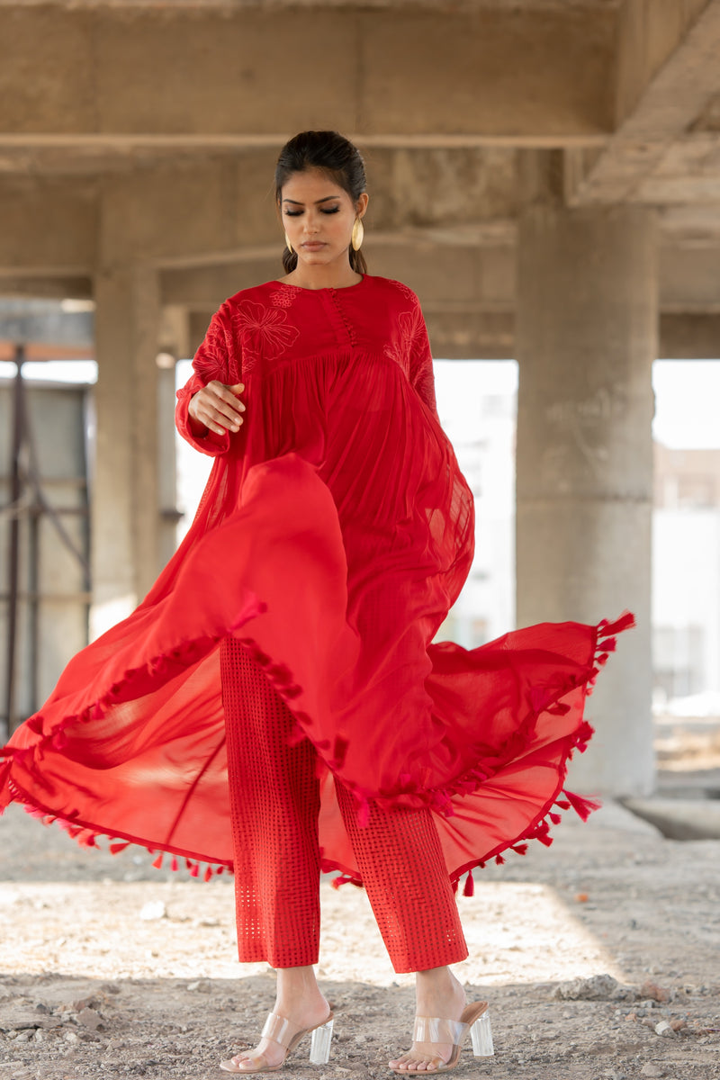 Artistic Abstractopn Red Anarkali With Pants