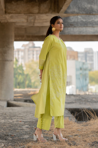 Artistic Abstraction Lime Kurta With Pants