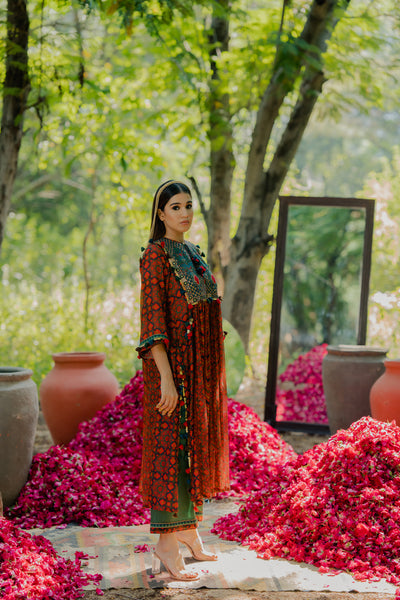 Meraki Print Kurta With Yoke And Green Palazzo