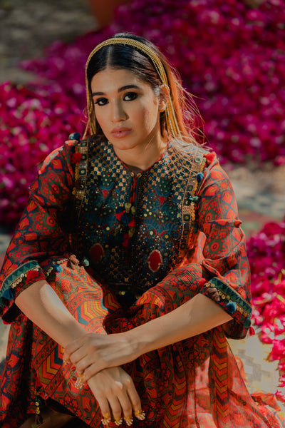 Meraki Print Kurta With Yoke And Green Palazzo