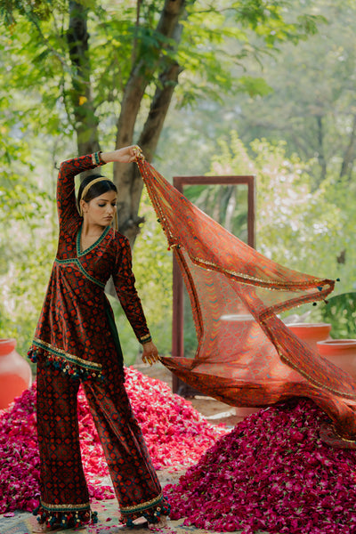 Meraki Velvet Print Short Kurta With Broad Pants