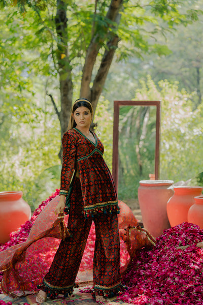 Meraki Velvet Print Short Kurta With Broad Pants