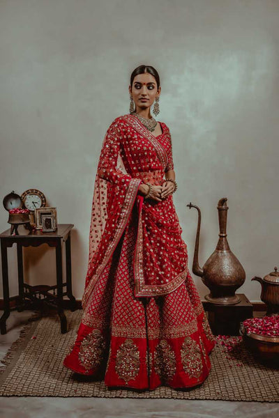 Red zardosi embroidered lehenga with blouse and dupatta