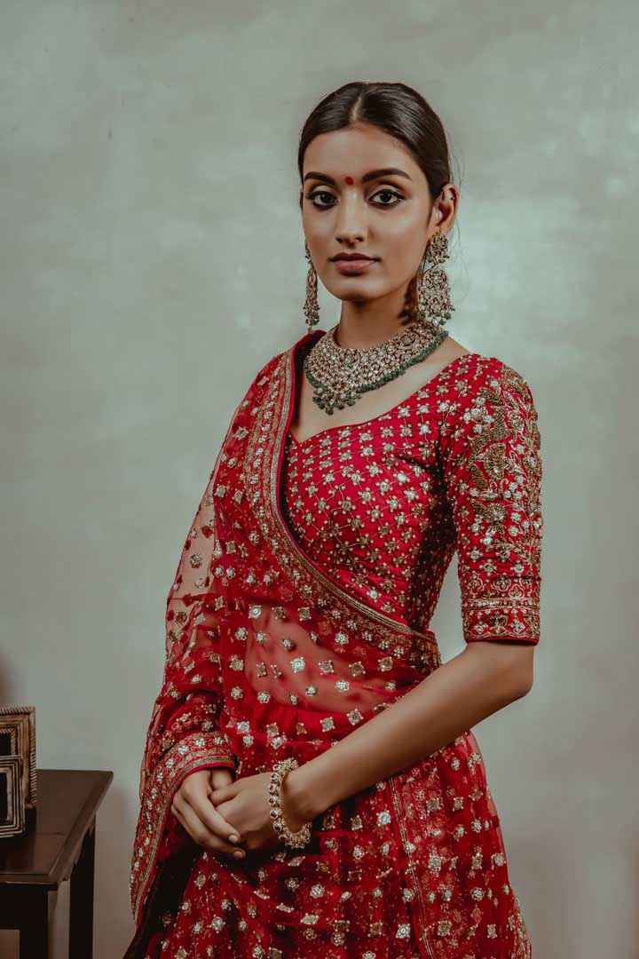 Red zardosi embroidered lehenga with blouse and dupatta