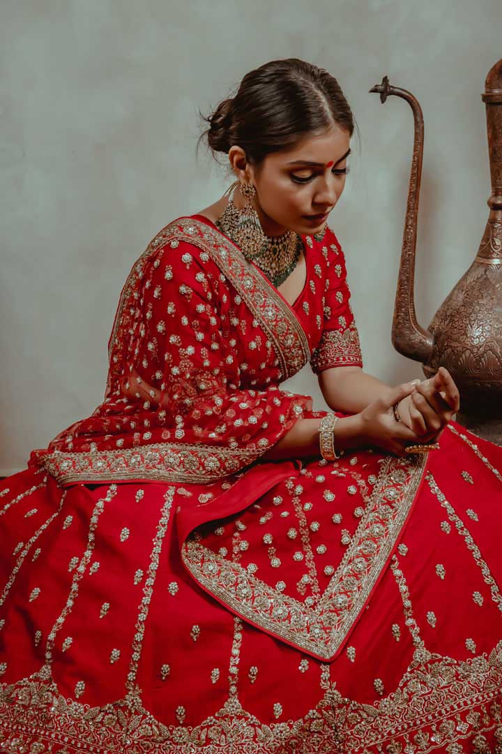 Red zardosi embroidered kali pehenga with blouse and dupatta