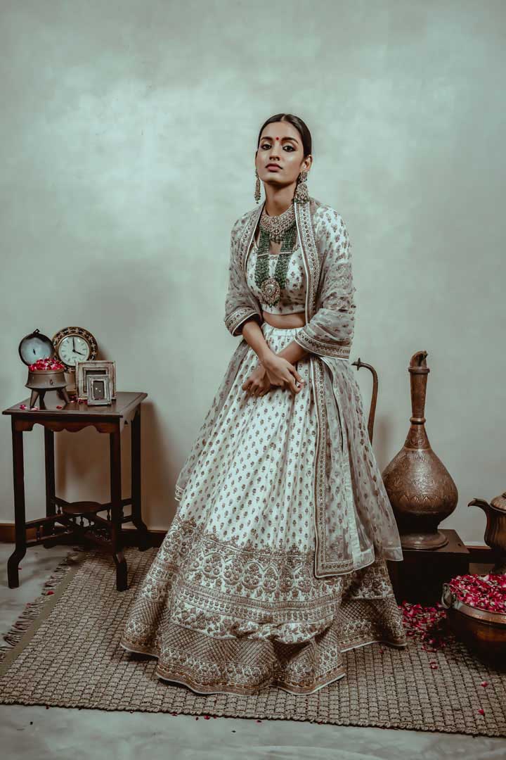 Offwhite zardosi embroidered lehenga with blouse and dupatta