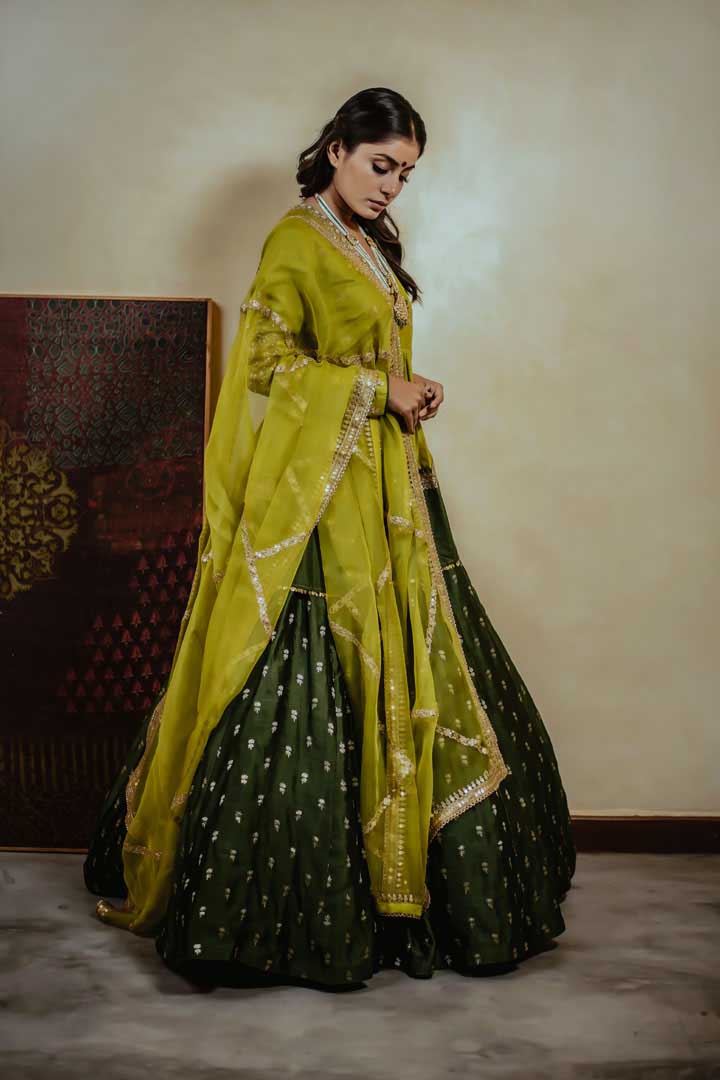 Satvik lime and olive green peplum with olive green lehenga and lime green dupatta