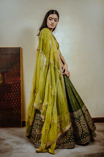 Satvik lime green blouse with olive green lehenga and lime green dupatta