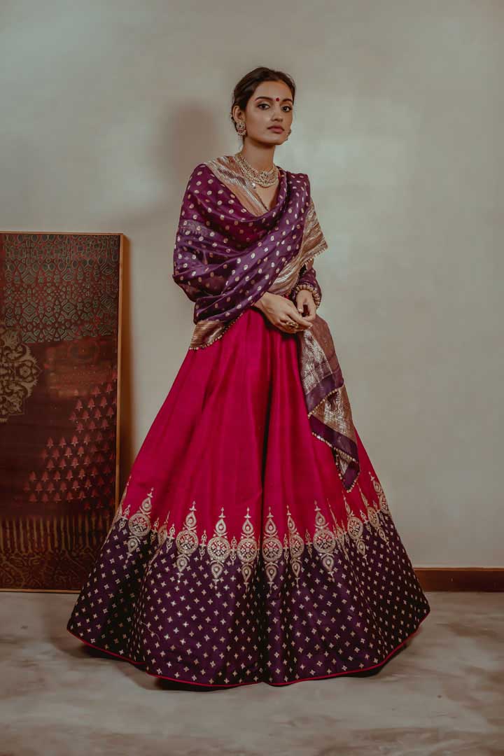 Buy Pink Blouse Raw Silk Embroidery Resham V Vanya Bridal Lehenga Set For  Women by Mrunalini Rao Online at Aza Fashions.